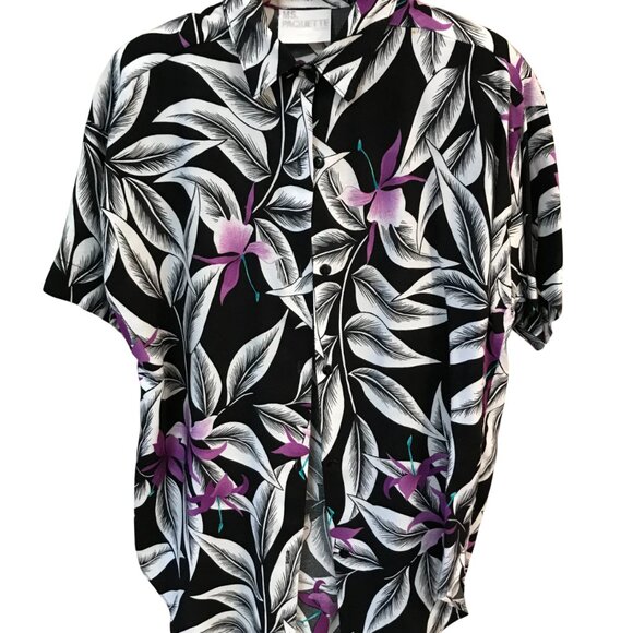 Ms. Paquette Floral Print Rayon Blouse: 70s Tropical Tunic, Black Purple Size M - Picture 7 of 8